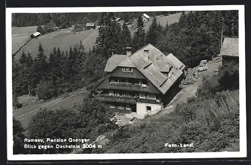 AK Ramsau /Dachstein, Pension Gsenger mit Blick gegen Dachstein