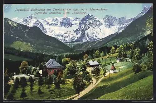 AK Tenneck, das Jagdschloss Blühnbach m. Teufelshörner und Mauerscharte gegen das Steinerne Meer