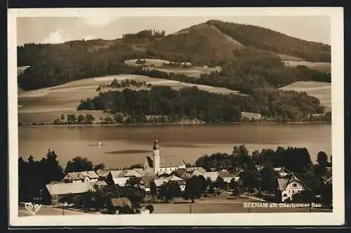 AK Seeham am Obertrumer See, Teilansicht mit Kirche