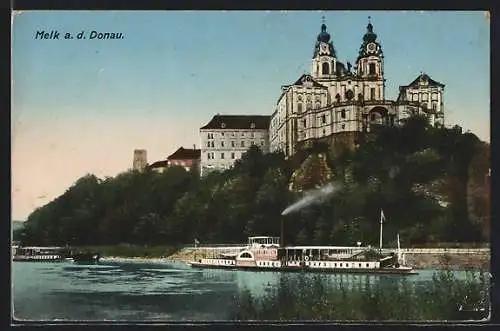 AK Melk a. d. Donau, Dampferpartie auf der Donau, Schloss