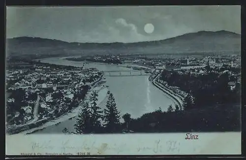 Mondschein-AK Linz, Teilansicht mit Brücke