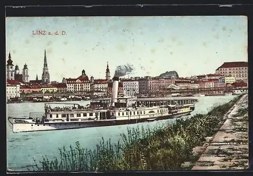 AK Linz a. d. D., Uferpartie mit Dampfer