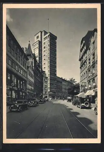 AK Stuttgart, Eberhardstrasse mit Geschäften und Tagblatt-Turm