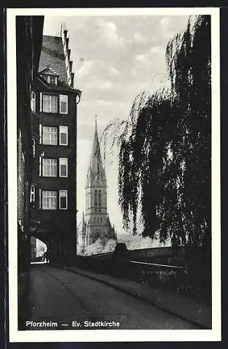 AK Pforzheim, Evangelische Stadtkirche, Ortspartie mit Brücke