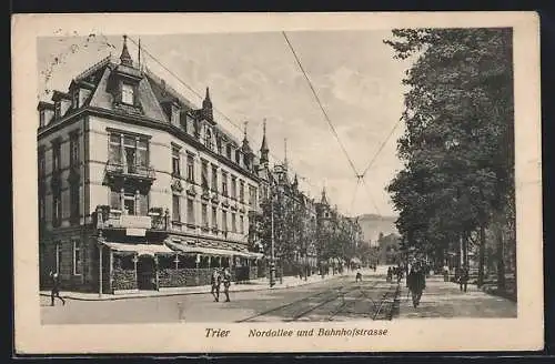 AK Trier, Nordallee und Bahnhofstrasse mit Häuserfassaden