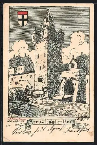 Künstler-AK Konstanz, Wagen vor dem Kreuzlinger Thor, Wappen