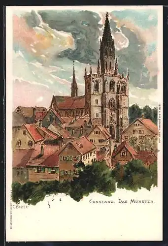 Künstler-Lithographie Carl Biese: Constanz, Blick nach dem Münster