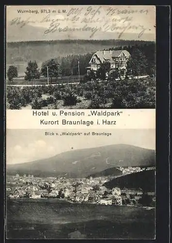 AK Braunlage i. Harz, Hotel-Pension Waldpark, Ortsansicht gegen Wurmberg