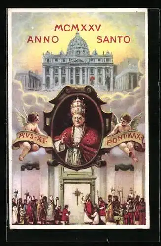 AK Papst Pius XI. in weisser Soutane mit rotem Mantello, Frontansicht des Capitols