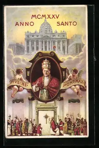 AK Papst Pius XI. in weisser Soutane mit rotem Mantello, Frontansicht des Capitols