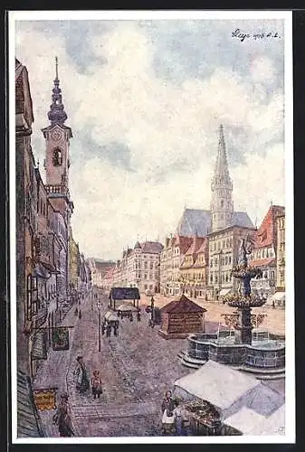 Künstler-AK Steyr /O.-Ö., Stadtplatz mit Kirche und Brunnen