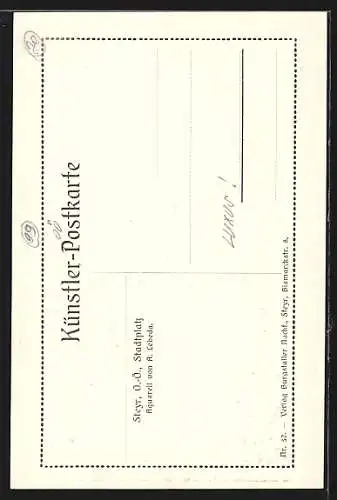 Künstler-AK Steyr /O.-Ö., Stadtplatz mit Kirche und Brunnen