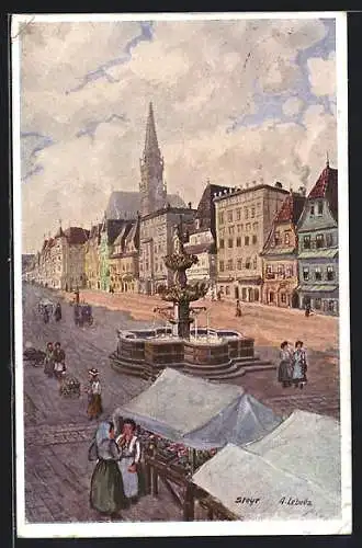 Künstler-AK Steyr, Stadtplatz mit Leopoldsbrunnen und Marktständen