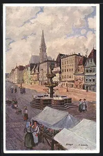 AK Steyr, Stadtplatz mit Leopoldsbrunnen und Marktstände