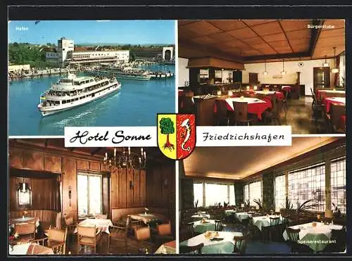 AK Friedrichshafen, Hotel Sonne, Hafen mit Dampfer