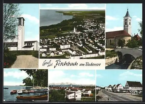 AK Fischbach am Bodensee, Strassenpartie am Hotel Maier, Kirchen, Ortsansicht aus der Vogelschau