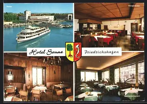 AK Friedrichshafen, Hotel Sonne, Innenansichten, Hafen mit Dampfern
