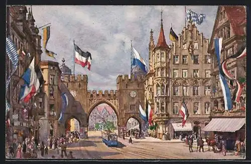 Künstler-AK München, Bayerns Hauptstadt im Flaggenschmuck, Karlstor