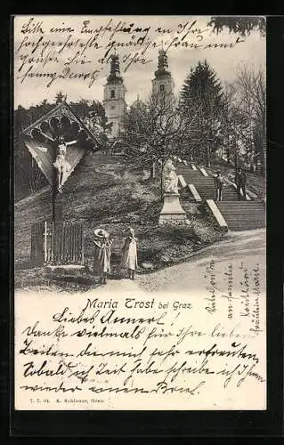 AK Maria Trost /Graz, Ortspartie mit Kirche, Treppe und Flurkreuz