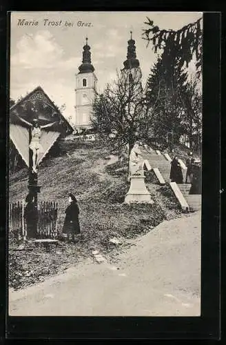 AK Maria Trost /Graz, Ortspartie mit Flurkreuz und Treppenaufgang