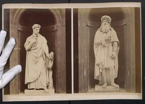 2 Fotografien Giuseppe Brogi, Firenze, Ansicht Florenz - Firenze, Statue Dante Allighieri & Leonardo Da Vinci