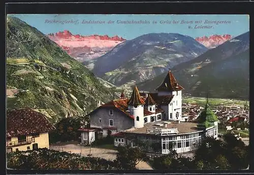 AK Gries, Reichrieglerhof, Endstation der Guntschnabahn mit Rosengarten und Latemar