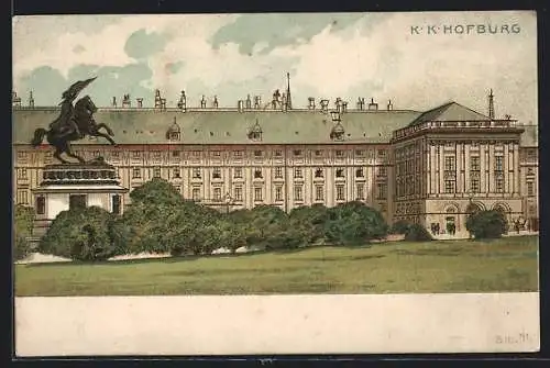 Lithographie Wien, Blick auf die K.K. Hofburg mit Denkmal
