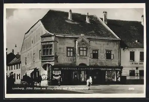 AK Eggenburg, Altes Haus mit Warenhaus A. Geppert am Hauptplatz mit Sgrafitomalerie