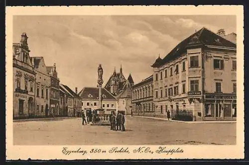 AK Eggenburg, Hauptplatz mit Cafe Eggenburg und Denkmal