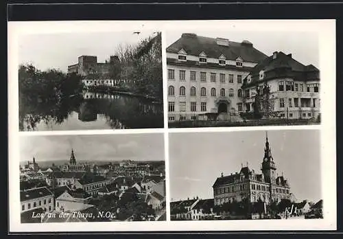 AK Laa a. d. Thaya, Flusspartie mit Blick zur Burg, das Rathaus