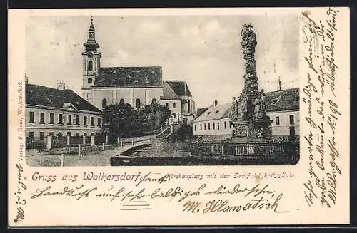 AK Wolkersdorf, Kirchenplatz mit der Dreifaltigkeitssäule