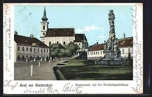 AK Wolkersdorf, Kirchenplatz mit der Dreifaltigkeitssäule