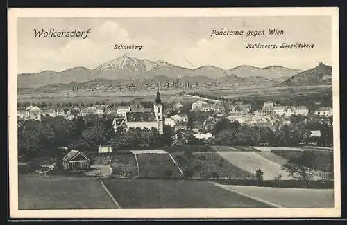 AK Wolkersdorf, Ortspanorama mit Blick auf Wien und den Schneeberg