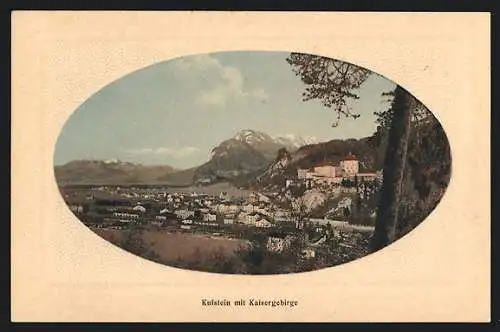 AK Kufstein, Ortsansicht mit dem Kaisergebirge imt geprägten Passepartout