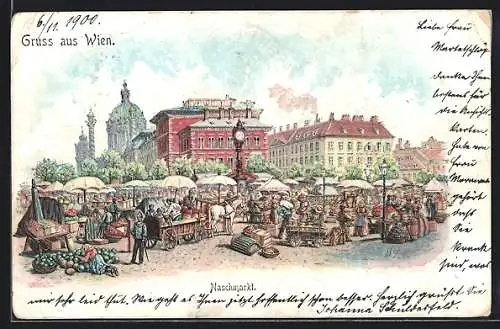 Lithographie Wien, Szene vom Naschmarkt