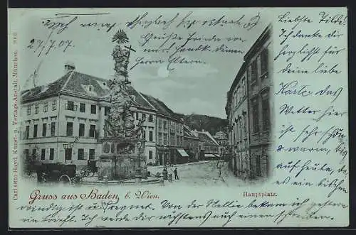 Mondschein-AK Baden b. Wien, Denkmal am Hauptplatz