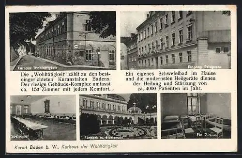 AK Baden b. W., Das Kurhaus der Wohltätigkeit, Eingang Pelzgasse, Speisesaal, Kurpark mit Blumenuhr, Zimmer