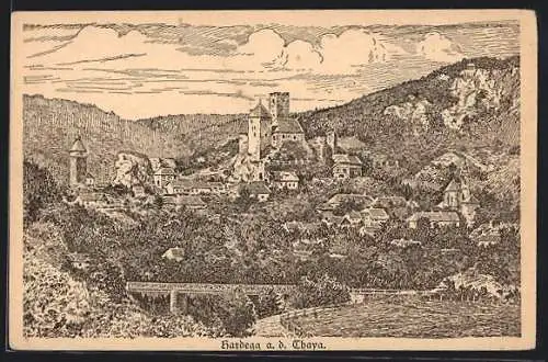 Künstler-AK Hardegg a. d. Thaya, Ortsansicht mit der Burg