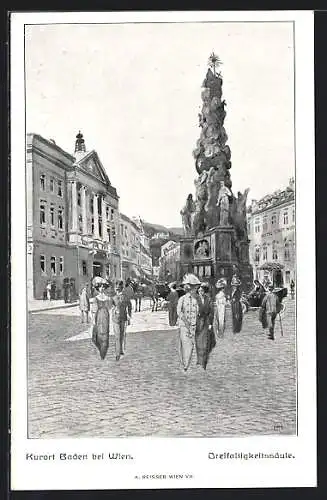 Künstler-AK Baden bei Wien, Passanten an der Dreifaltigkeitssäule