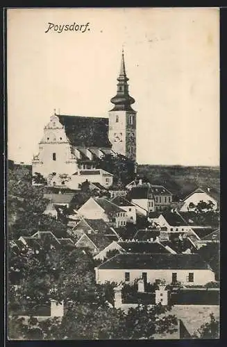 AK Poysdorf, Blick über die Häuser zur Kirche