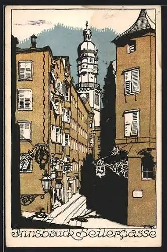 Künstler-AK Innsbruck, Seilergasse mit Blick zum Stadtturm