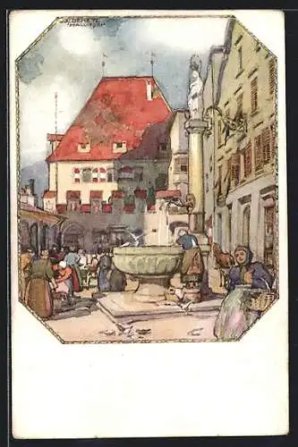 Künstler-AK Hall in Tirol, Rathaus am Markttag