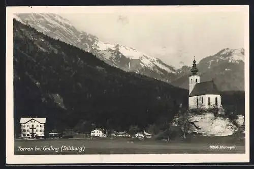 AK Golling an der Salzach, Torren, Die exponierte Kirche gegen die Berge