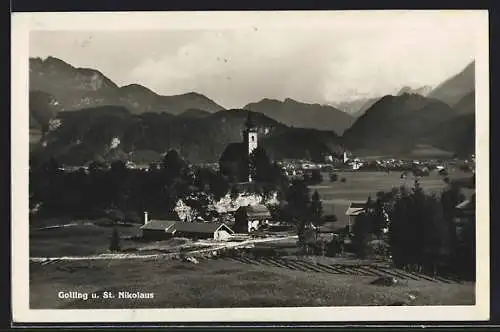 AK Golling an der Salzach, St. Nikolauskirche gegen die Berge