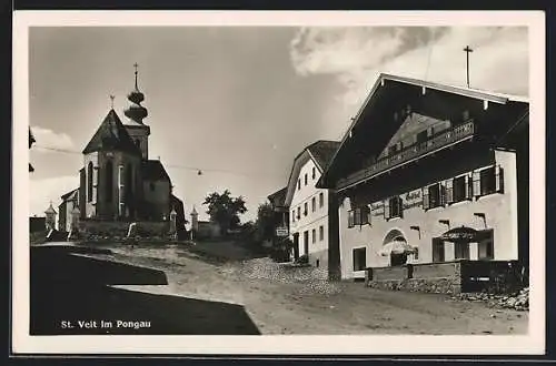 AK St. Veit im Pongau, Ortspartie mit Blick zur Kirche