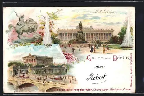 Lithographie Berlin, Königliches Museum mit Denkmal Friedrich Wilhelm III., National-Gallerie und Friedrichsbrücke