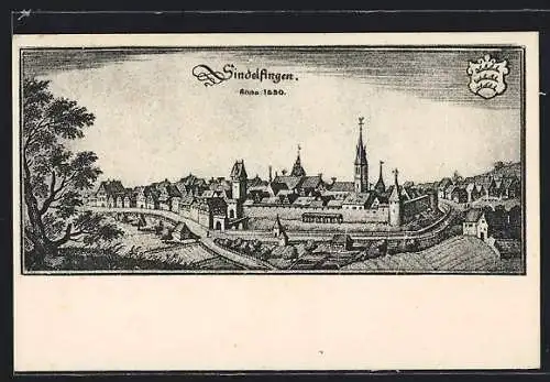 Künstler-AK Sindelfingen, Ortsansicht aus dem Jahre 1650, Wappen