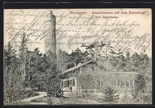 AK Stuttgart, Aussichtsturm auf dem Hasenberg mit Jägerhaus