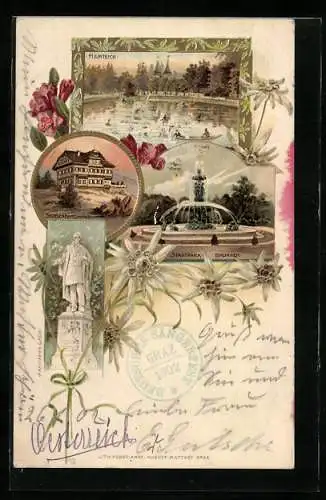 Lithographie Graz, Hilmteich, Stubenberghaus, Stadtpark-Brunnen