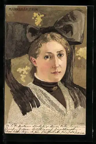 Künstler-Lithographie sign. Bühler: Markgräflerin, Schwarzwälder Tracht